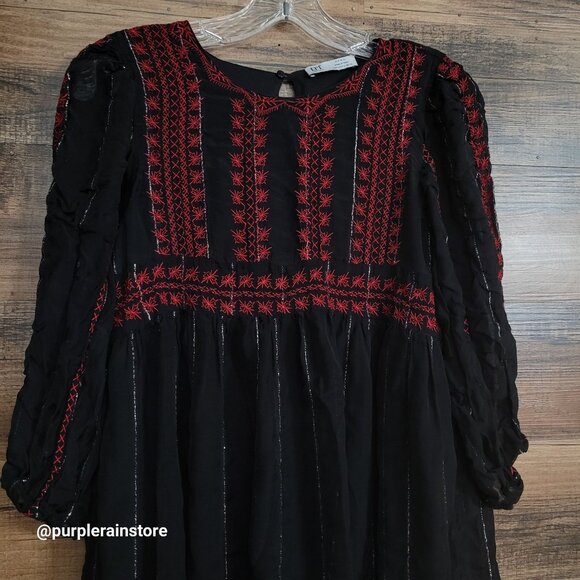 Zara Baby Doll Mini Dress S Chiffon Floral Embroidered Silver Metallic Detail - Picture 2 of 9